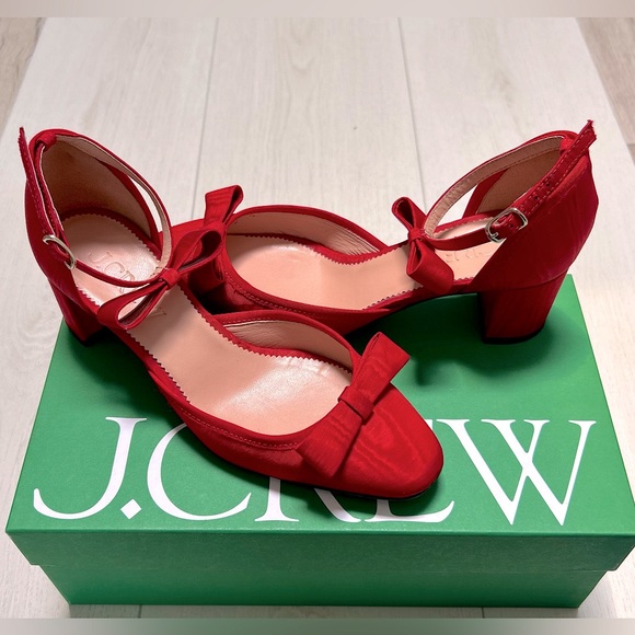 J.Crew-Millie bow ankle-strap heels moiré. Festival Red, Size 5M - Picture 2 of 11